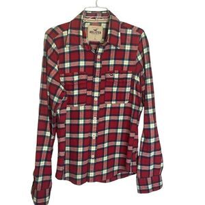 Hollister Mens Size Large Button Down Shirt Red Plaid Long Sleeves 100% Cotton